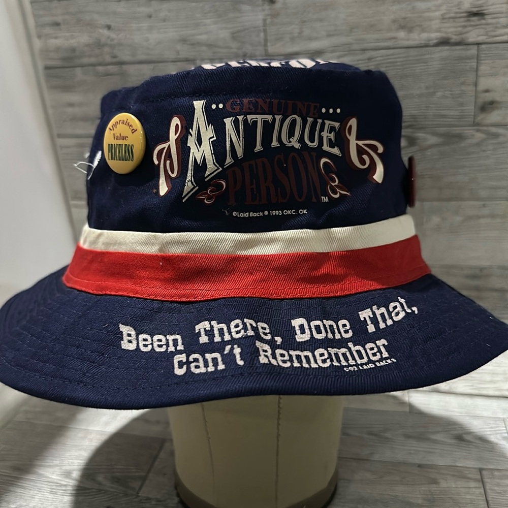 Vintage 1993 genuine antique person blue bucket hat with pins
